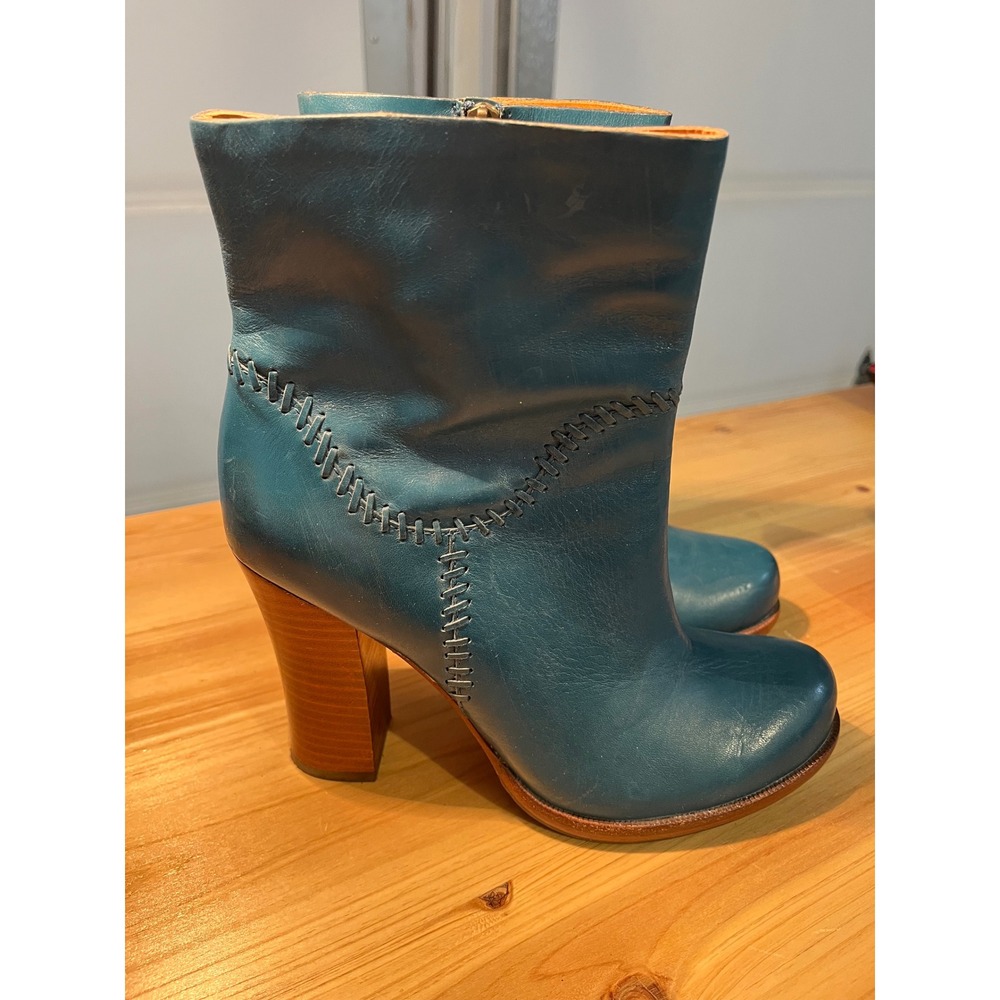 Kork-Ease Teal Blue Leather Whipstitch Block Heel Ankle‎ Boots K03204 Size 7/38 - Picture 2 of 9